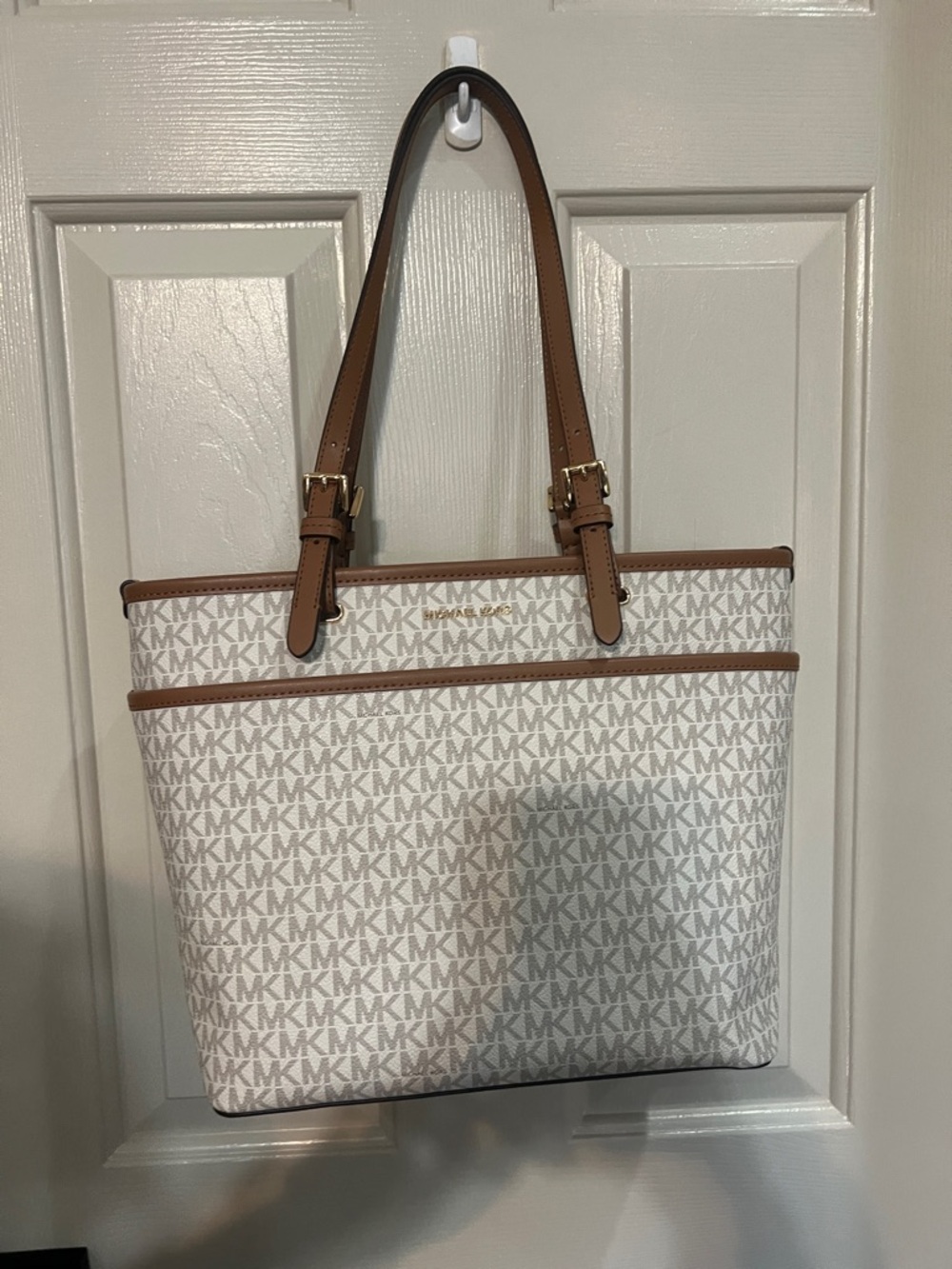 Michael Kors Monogram Tote in Vanilla and Brown Trim
